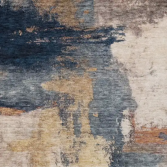 Gold Beige And Blue Abstract Washable Indoor Outdoor Area Rug Photo 5