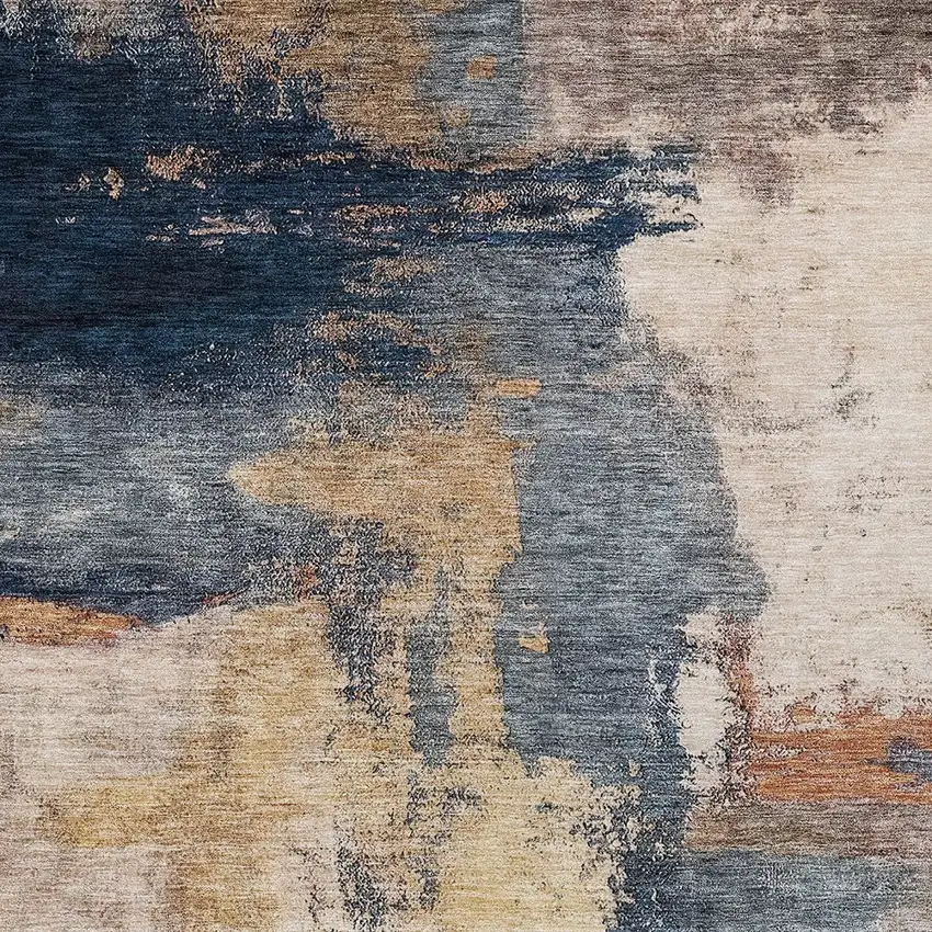 Gold Beige And Blue Abstract Washable Indoor Outdoor Area Rug Photo 5