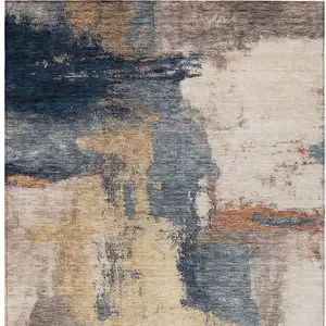 Photo of Gold Beige And Blue Abstract Washable Indoor Outdoor Area Rug