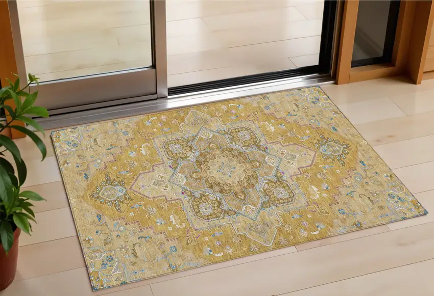 Gold Beige And Blue Oriental Washable Indoor Outdoor Area Rug Photo 1