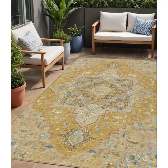Gold Beige And Blue Oriental Washable Indoor Outdoor Area Rug Photo 1
