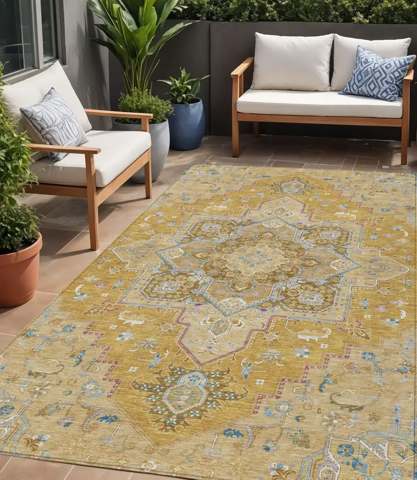 Gold Beige And Blue Oriental Washable Indoor Outdoor Area Rug Photo 1