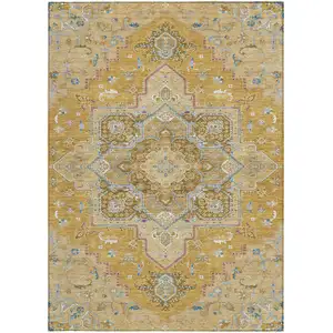 Photo of Gold Beige And Blue Oriental Washable Indoor Outdoor Area Rug