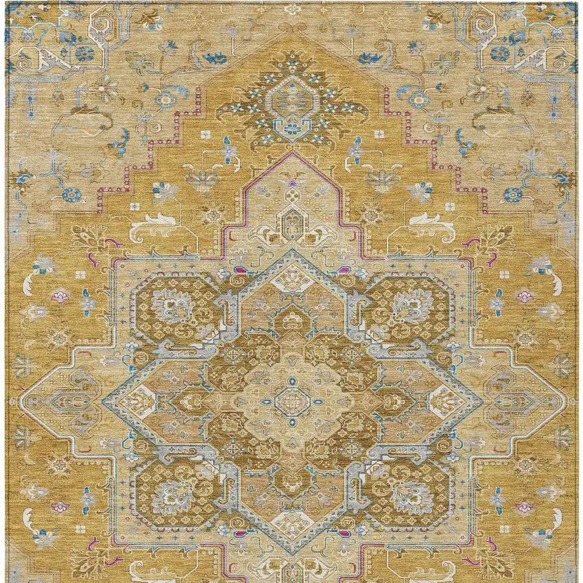 Gold Beige And Blue Oriental Washable Indoor Outdoor Area Rug Photo 8