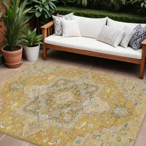 Photo of Gold Beige And Blue Oriental Washable Indoor Outdoor Area Rug