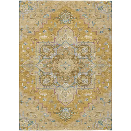 Gold Beige And Blue Oriental Washable Indoor Outdoor Area Rug Photo 2