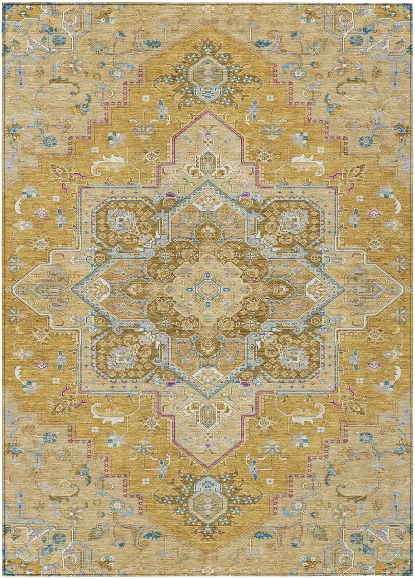 Gold Beige And Blue Oriental Washable Indoor Outdoor Area Rug Photo 2