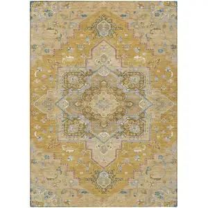 Photo of Gold Beige And Blue Oriental Washable Indoor Outdoor Area Rug