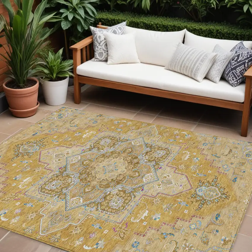 Gold Beige And Blue Oriental Washable Indoor Outdoor Area Rug Photo 1
