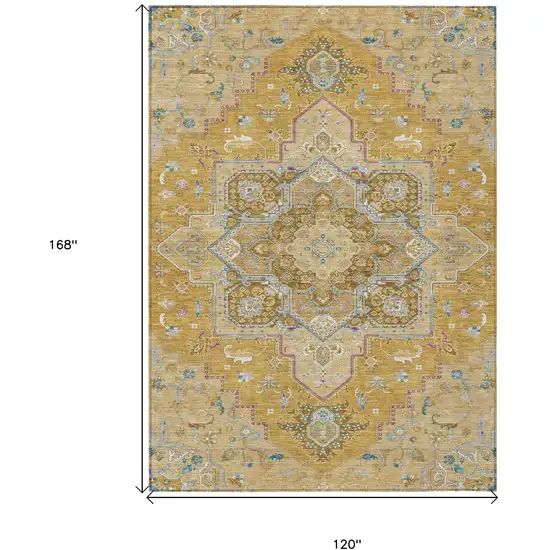Gold Beige And Blue Oriental Washable Indoor Outdoor Area Rug Photo 3