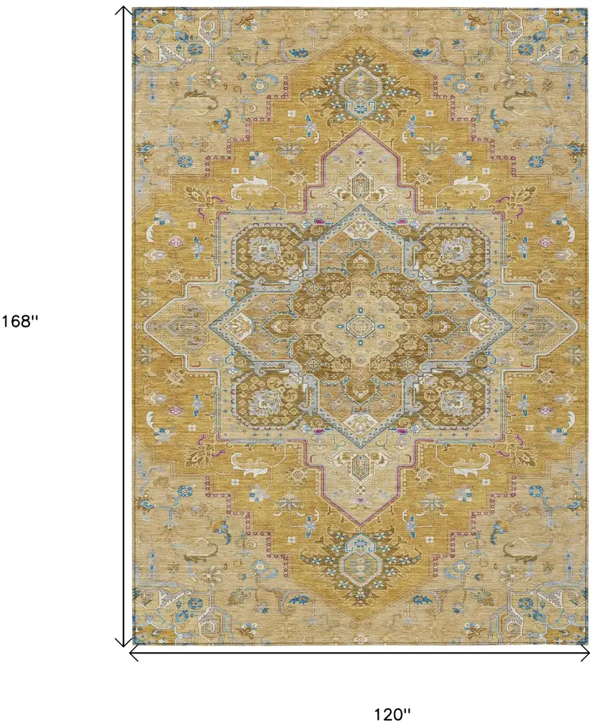 Gold Beige And Blue Oriental Washable Indoor Outdoor Area Rug Photo 3