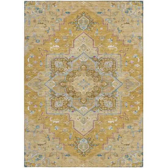 Gold Beige And Blue Oriental Washable Indoor Outdoor Area Rug Photo 8
