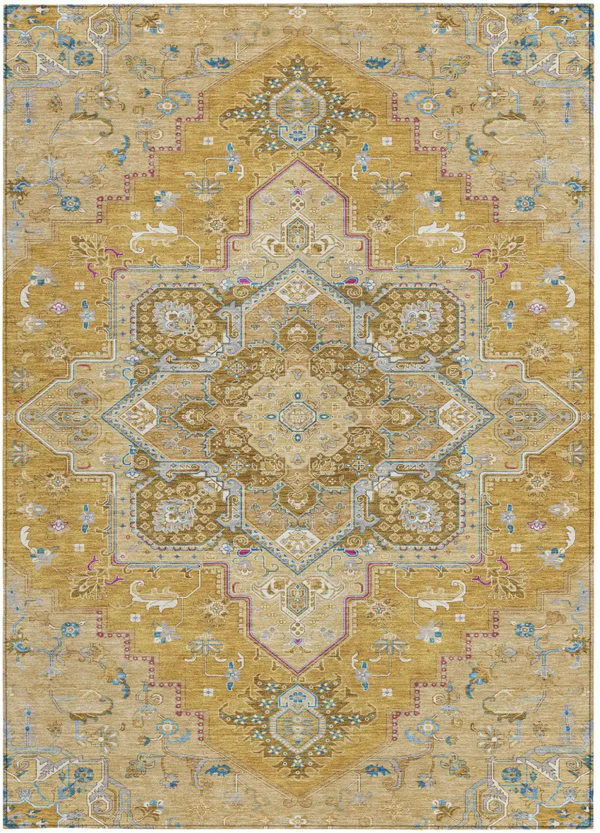 Gold Beige And Blue Oriental Washable Indoor Outdoor Area Rug Photo 8