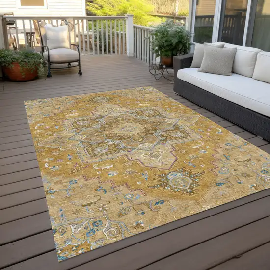 Gold Beige And Blue Oriental Washable Indoor Outdoor Area Rug Photo 9
