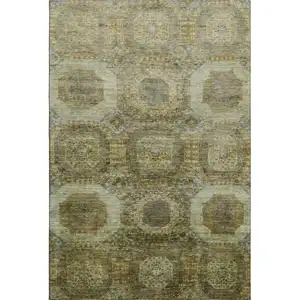 Photo of Gold Beige And Brown Abstract Geometric Washable Area Rug With UV Protection