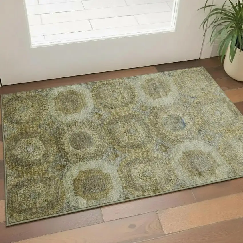 Gold Beige And Brown Abstract Geometric Washable Area Rug With UV Protection Photo 1