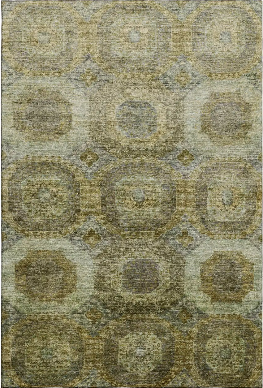 Gold Beige And Brown Abstract Geometric Washable Area Rug With UV Protection Photo 1