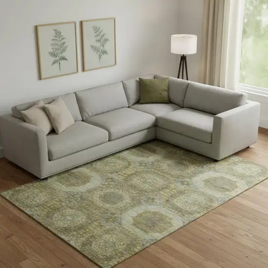 Gold Beige And Brown Abstract Geometric Washable Area Rug With UV Protection Photo 2