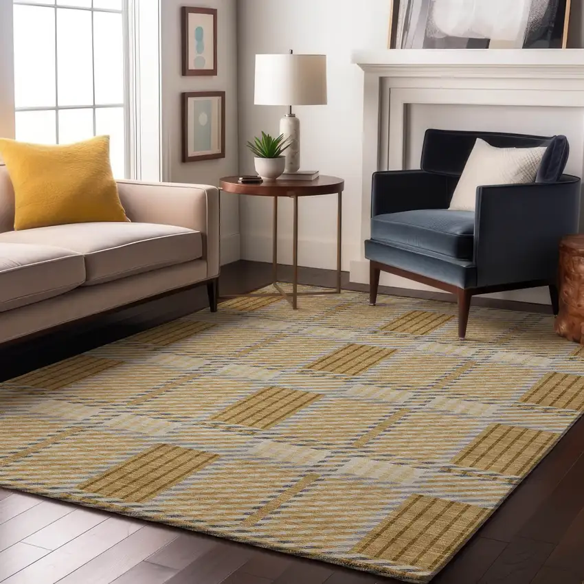 Gold Beige And Brown Plaid Washable Area Rug With UV Protection Photo 4