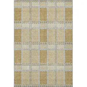 Photo of Gold Beige And Brown Plaid Washable Area Rug With UV Protection