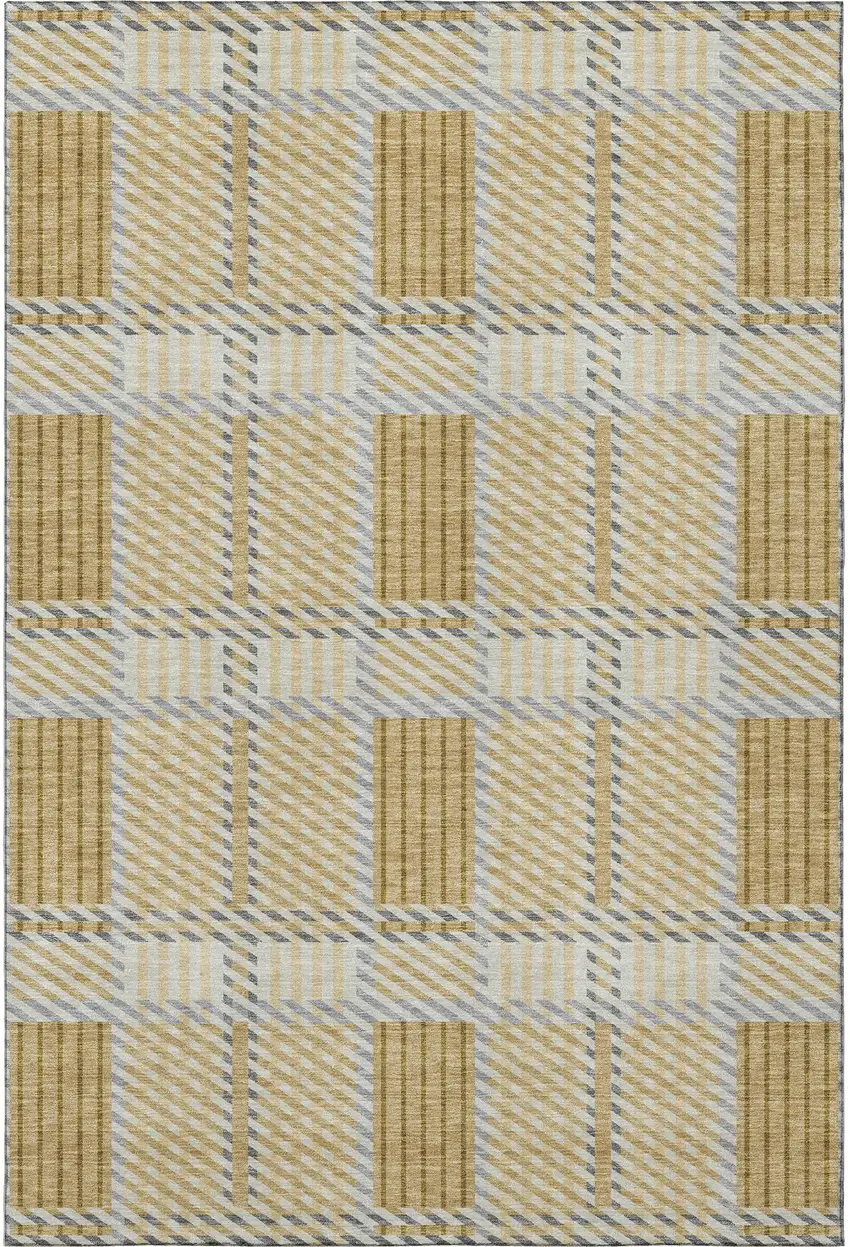 Gold Beige And Brown Plaid Washable Area Rug With UV Protection Photo 3