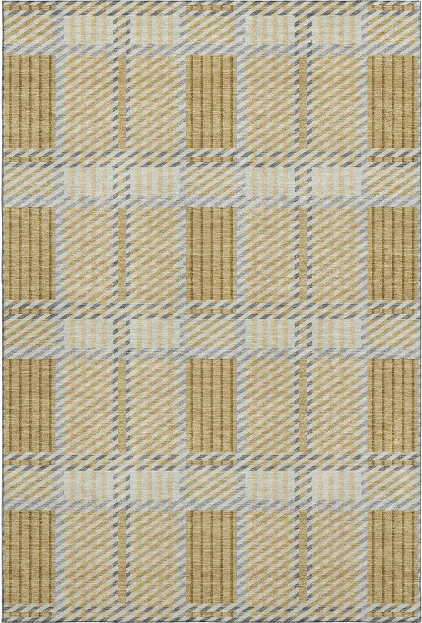 Gold Beige And Brown Plaid Washable Area Rug With UV Protection Photo 1