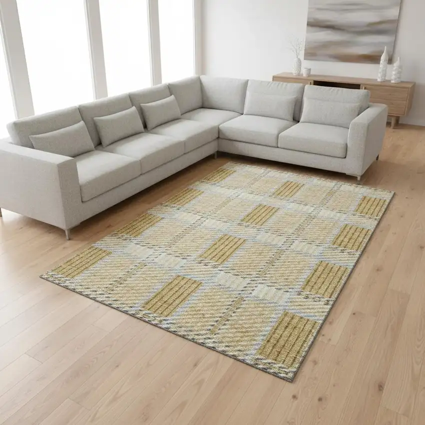 Gold Beige And Brown Plaid Washable Area Rug With UV Protection Photo 2