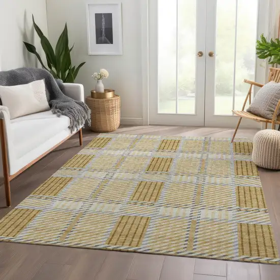Gold Beige And Brown Plaid Washable Area Rug With UV Protection Photo 5