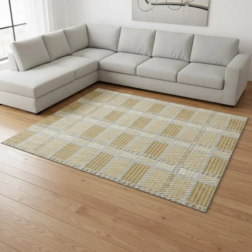 Gold Beige And Brown Plaid Washable Area Rug With UV Protection Photo 2