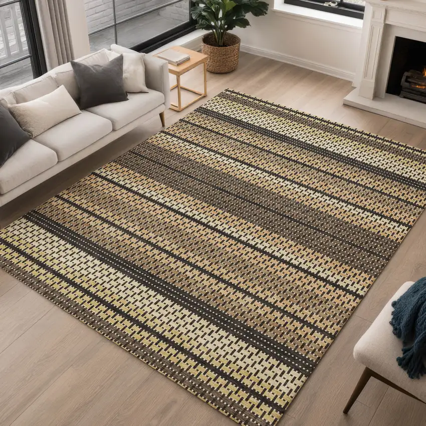 Gold Beige And Copper Striped Washable Indoor Outdoor Area Rug Photo 5