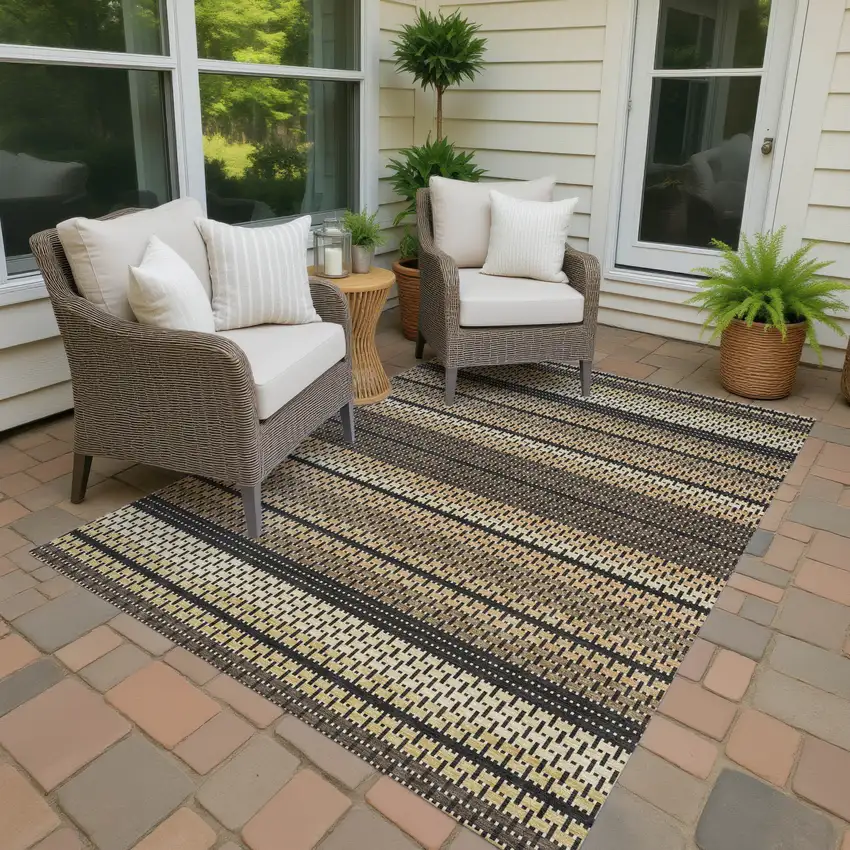 Gold Beige And Copper Striped Washable Indoor Outdoor Area Rug Photo 4