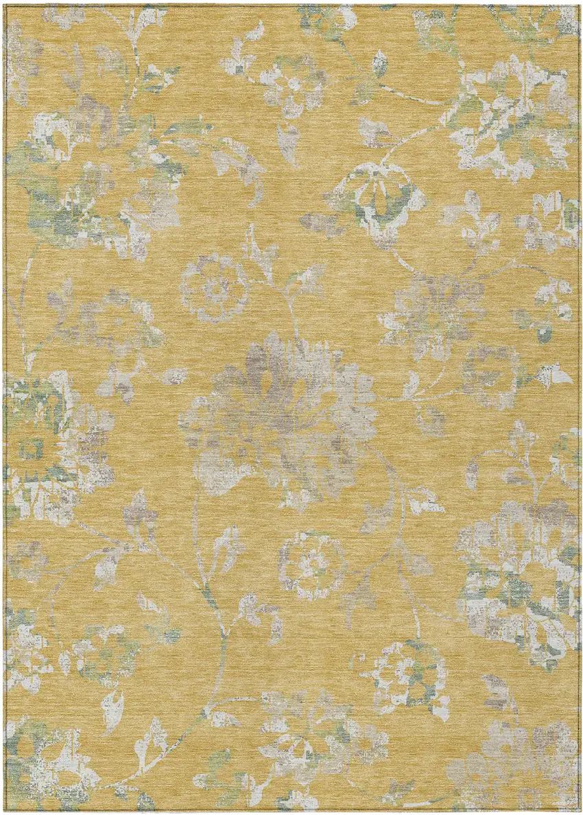Gold Beige And Fern Green Floral Washable Indoor Outdoor Area Rug Photo 2