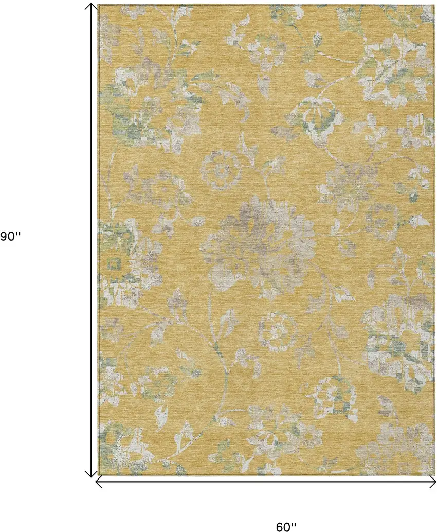 Gold Beige And Fern Green Floral Washable Indoor Outdoor Area Rug Photo 3