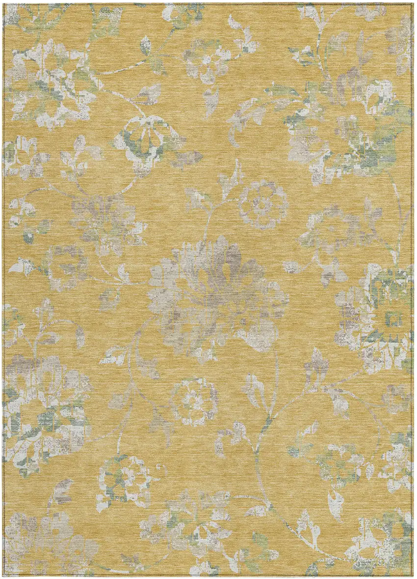 Gold Beige And Fern Green Floral Washable Indoor Outdoor Area Rug Photo 8