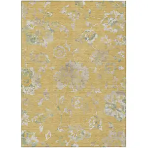 Photo of Gold Beige And Fern Green Floral Washable Indoor Outdoor Area Rug
