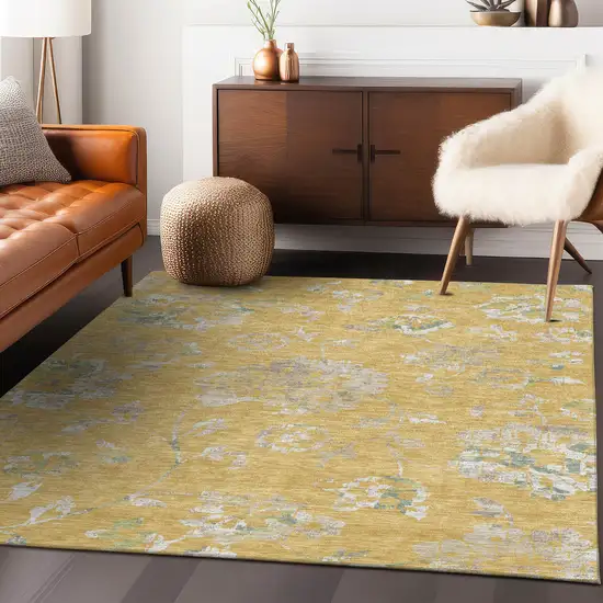 Gold Beige And Fern Green Floral Washable Indoor Outdoor Area Rug Photo 9
