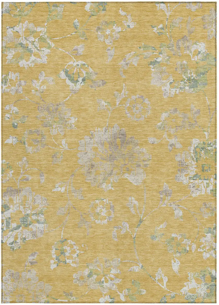Gold Beige And Fern Green Floral Washable Indoor Outdoor Area Rug Photo 7