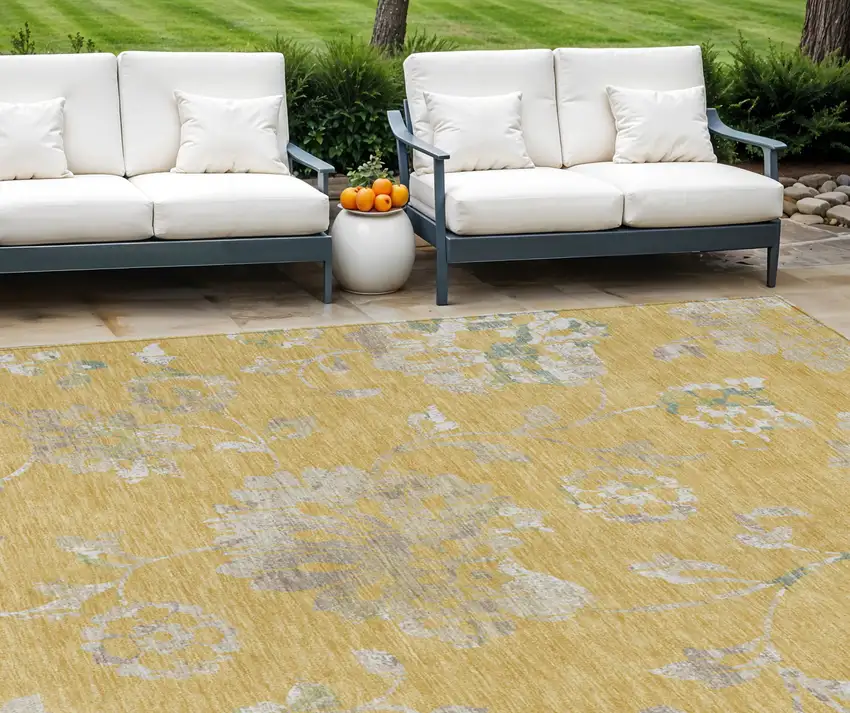 Gold Beige And Fern Green Floral Washable Indoor Outdoor Area Rug Photo 1