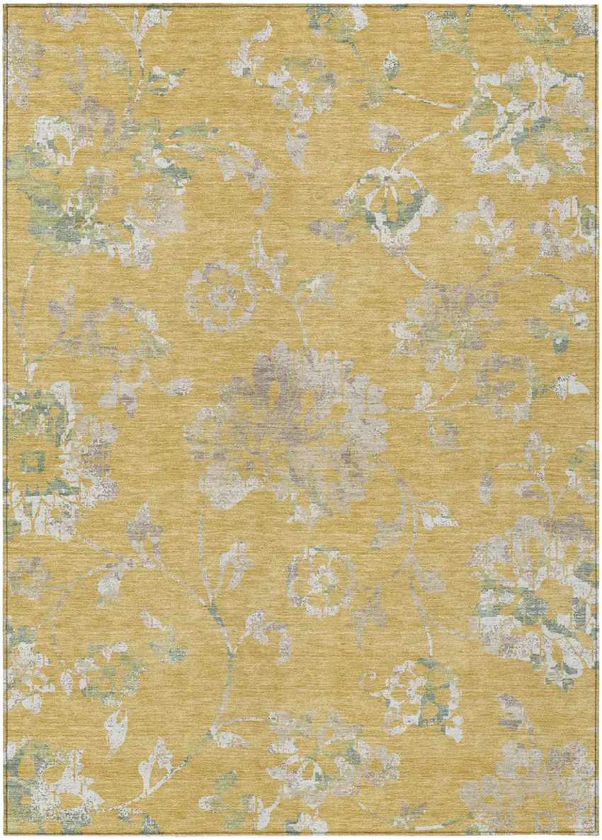 Gold Beige And Fern Green Floral Washable Indoor Outdoor Area Rug Photo 2