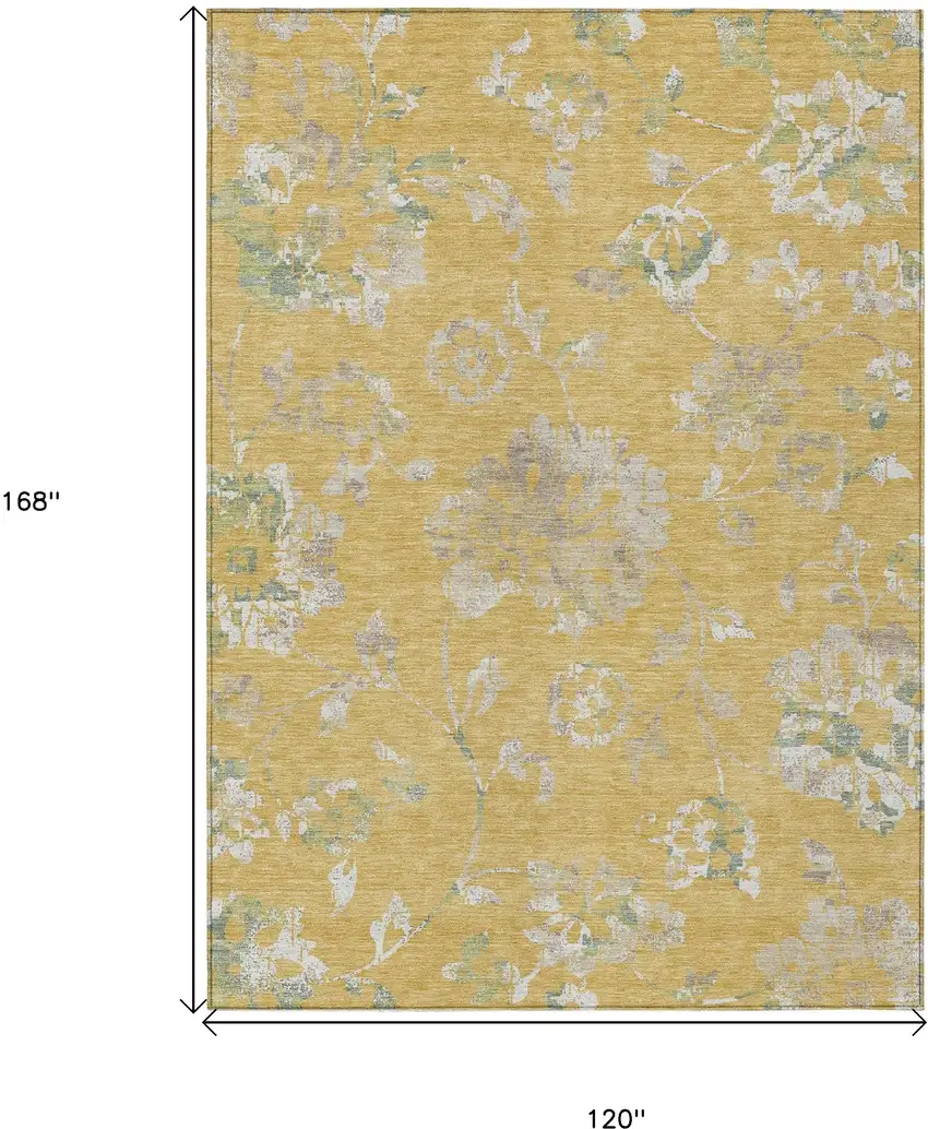 Gold Beige And Fern Green Floral Washable Indoor Outdoor Area Rug Photo 3