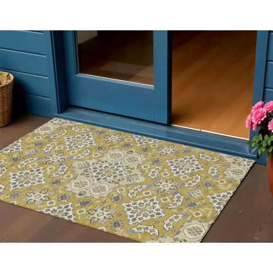 Gold Beige And Gray Medallion Washable Indoor Outdoor Area Rug Photo 2