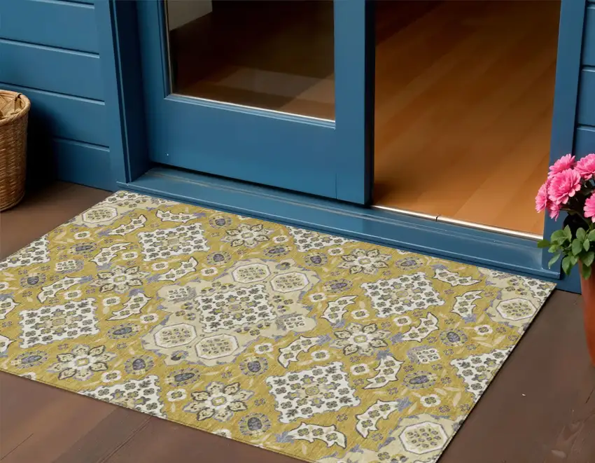 Gold Beige And Gray Medallion Washable Indoor Outdoor Area Rug Photo 2