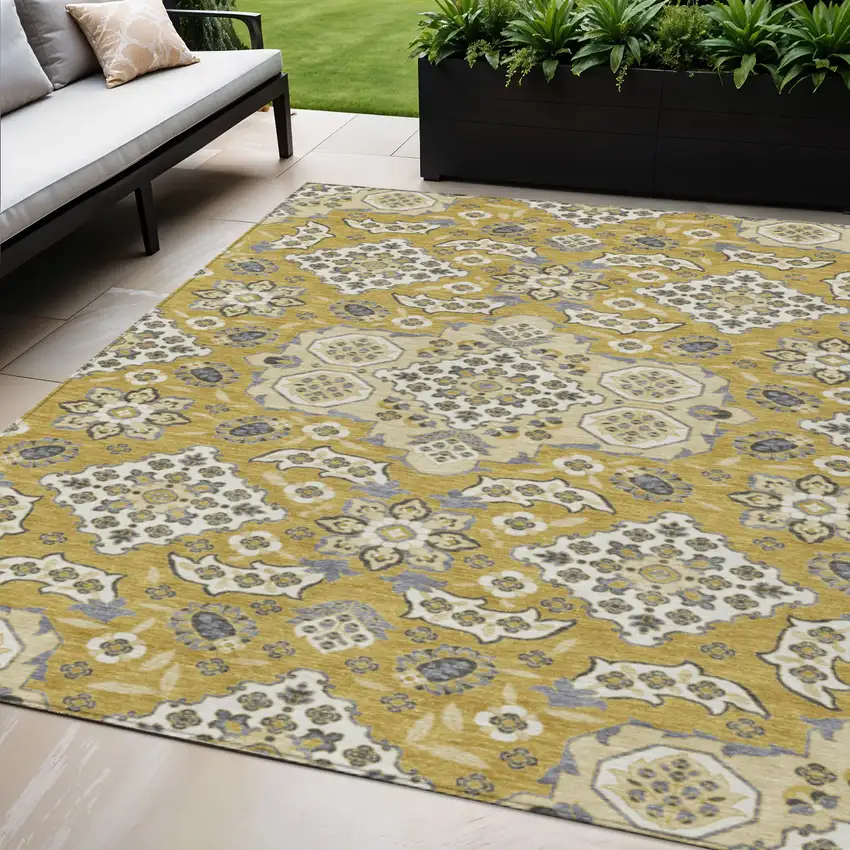 Gold Beige And Gray Medallion Washable Indoor Outdoor Area Rug Photo 2