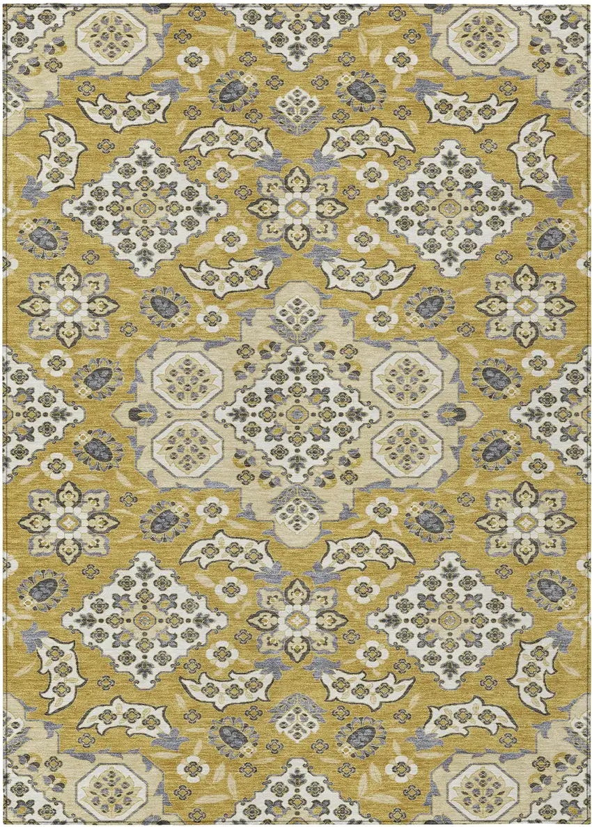 Gold Beige And Gray Medallion Washable Indoor Outdoor Area Rug Photo 1