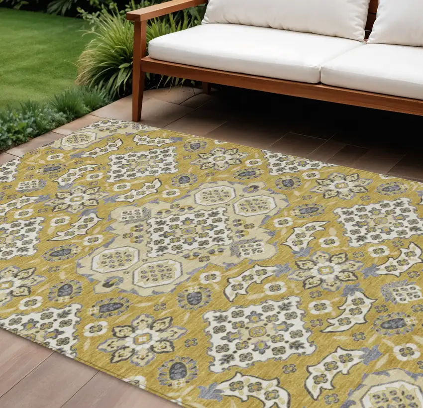 Gold Beige And Gray Medallion Washable Indoor Outdoor Area Rug Photo 2
