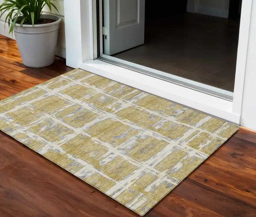 Gold Beige And Gray Striped Washable Indoor Outdoor Area Rug Photo 1
