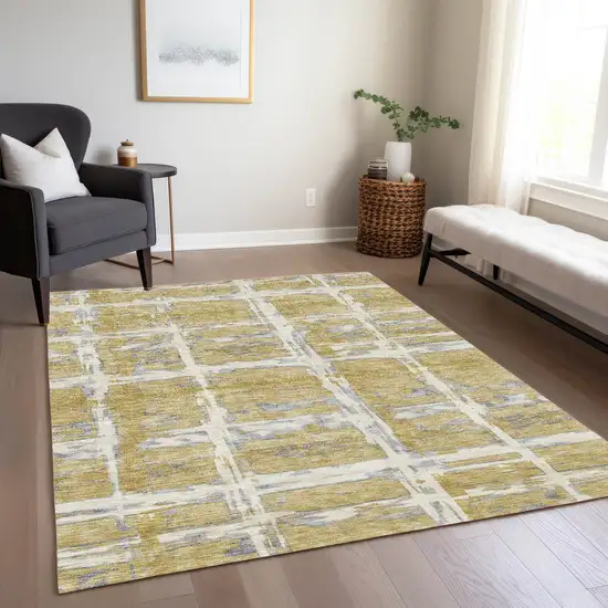 Gold Beige And Gray Striped Washable Indoor Outdoor Area Rug Photo 9