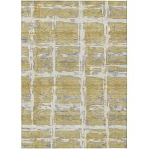 Photo of Gold Beige And Gray Striped Washable Indoor Outdoor Area Rug