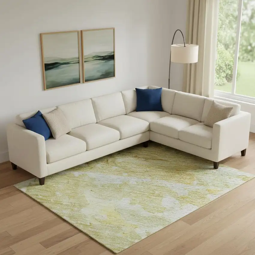 Gold Beige And Ivory Abstract Washable Area Rug With UV Protection Photo 2