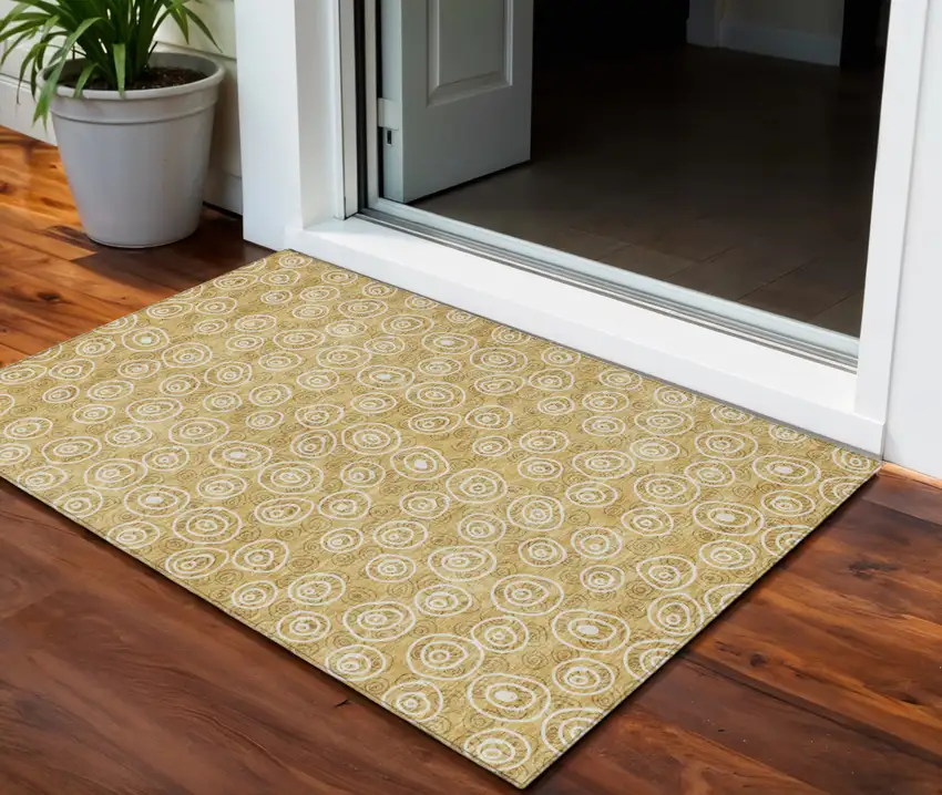Gold Beige And Ivory Geometric Washable Indoor Outdoor Area Rug Photo 1